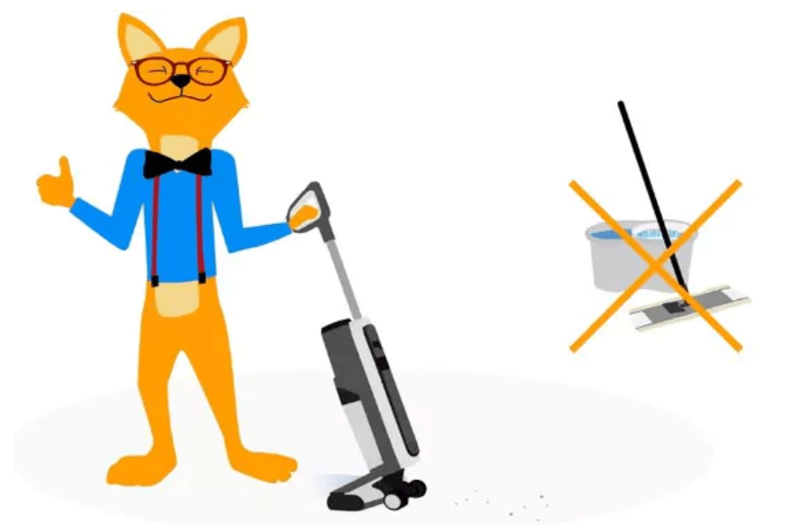 Der Smart Home Fox Fuchs reinigt den Boden mit Hilfe eines Akkusaugwischers